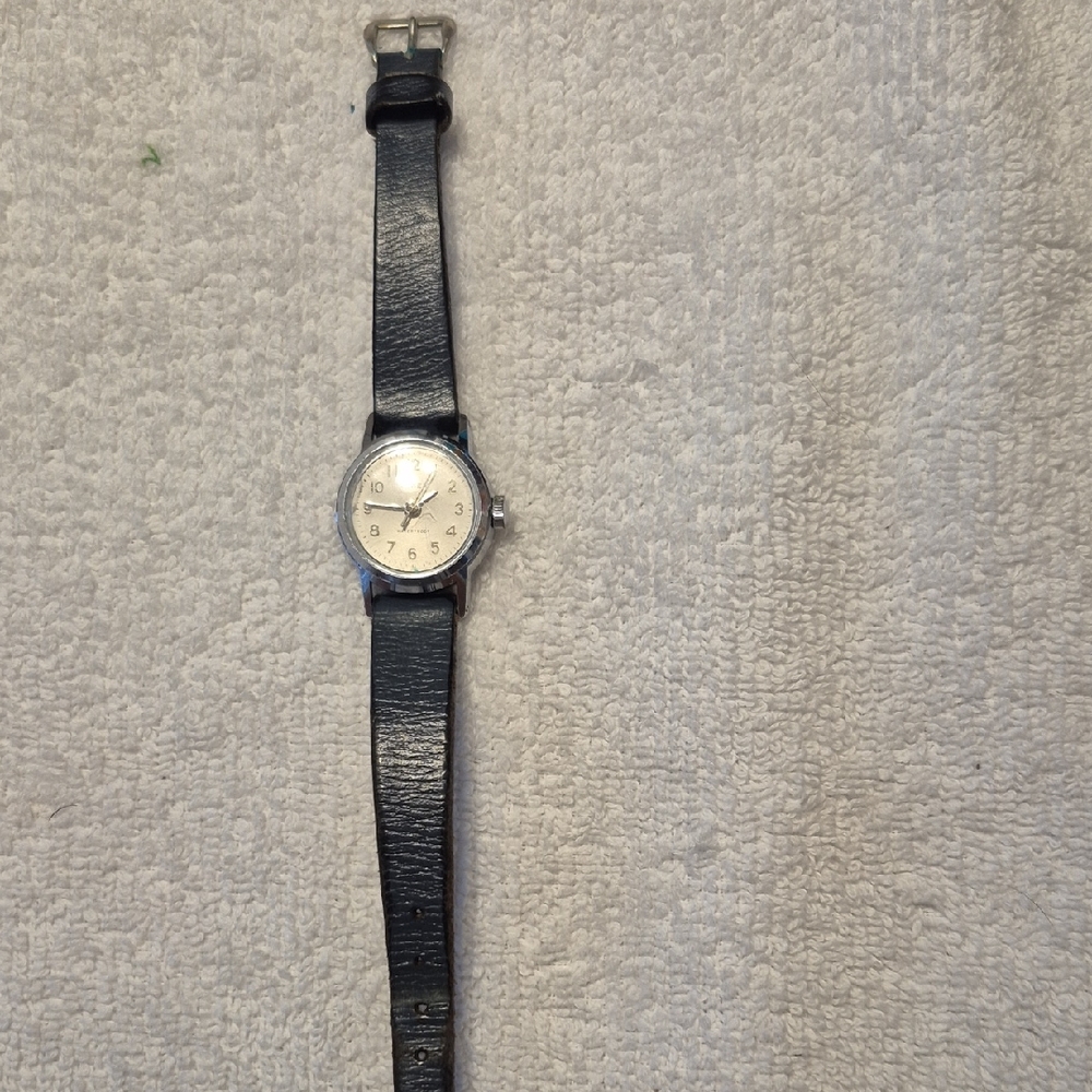 Black Leather Strap Watch with Silver Dial